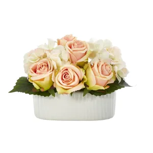 7” Rose and Hydrangea Artificial Arrangement in White Vase