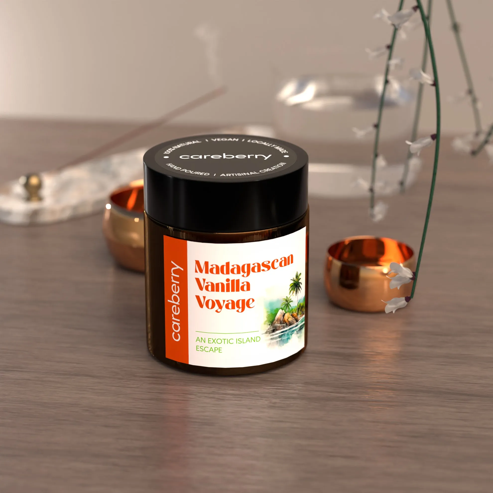 Careberry's Madagascan Vanilla Voyage-Infused with Pure Vanilla & Sandalwood Essential Oils | Amber Glass Jar with Black Cap 100g