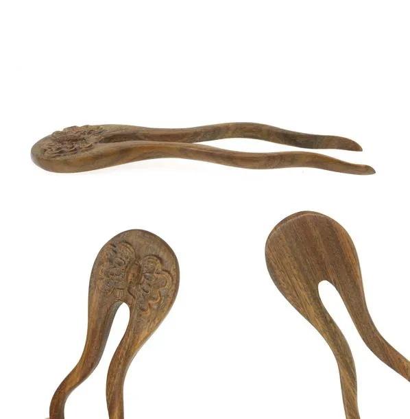 CrystalMood Enbossed Butterfly Lignum-Vitae Wood 2-Prong Flat Back Curved Hair Stick Fork