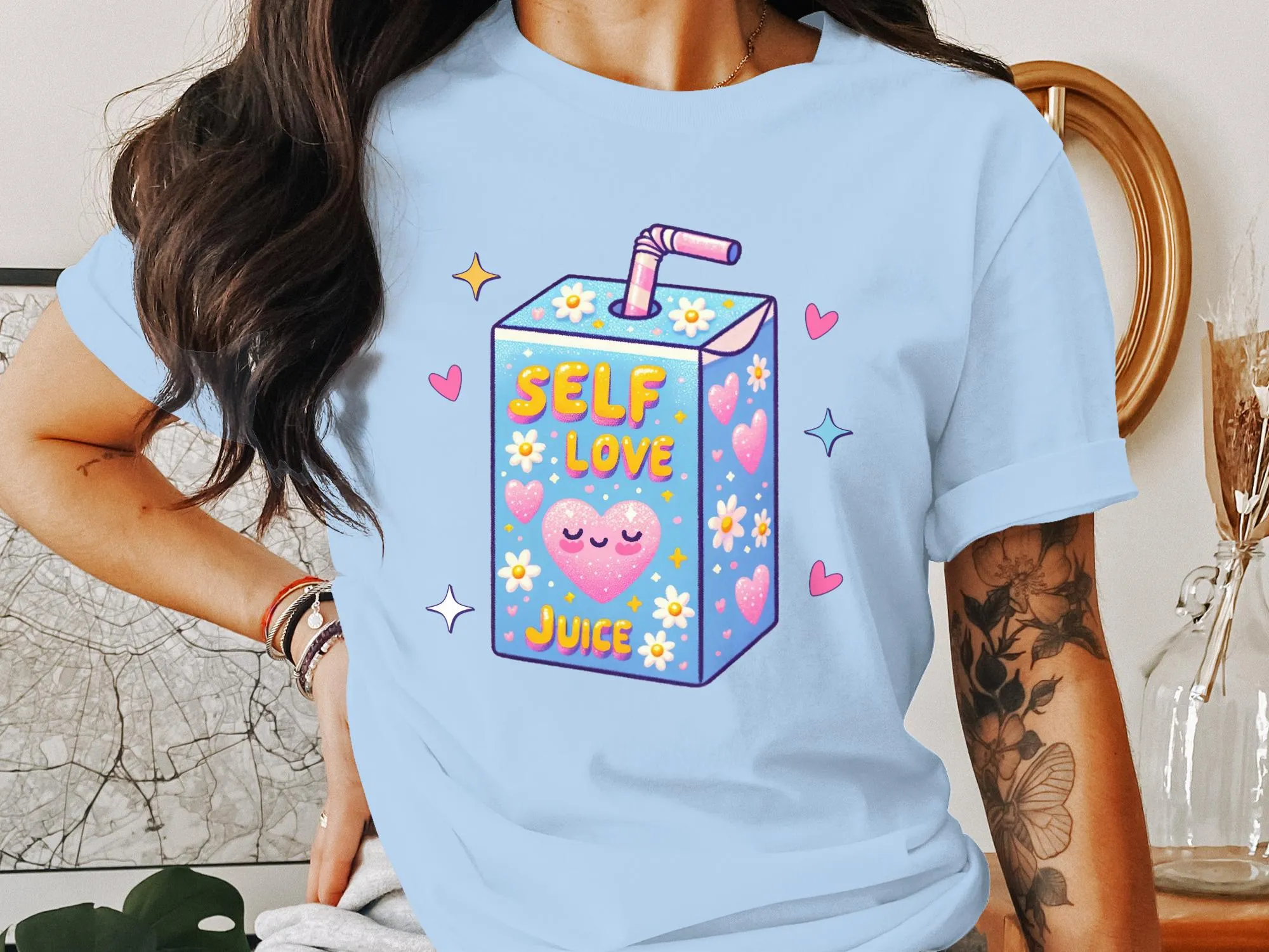 Cute Self Love Juice Cartoon T-Shirt, Kawaii Aesthetic Tee, Positive Vibes, Self Care Gift, Comfort Fit Apparel