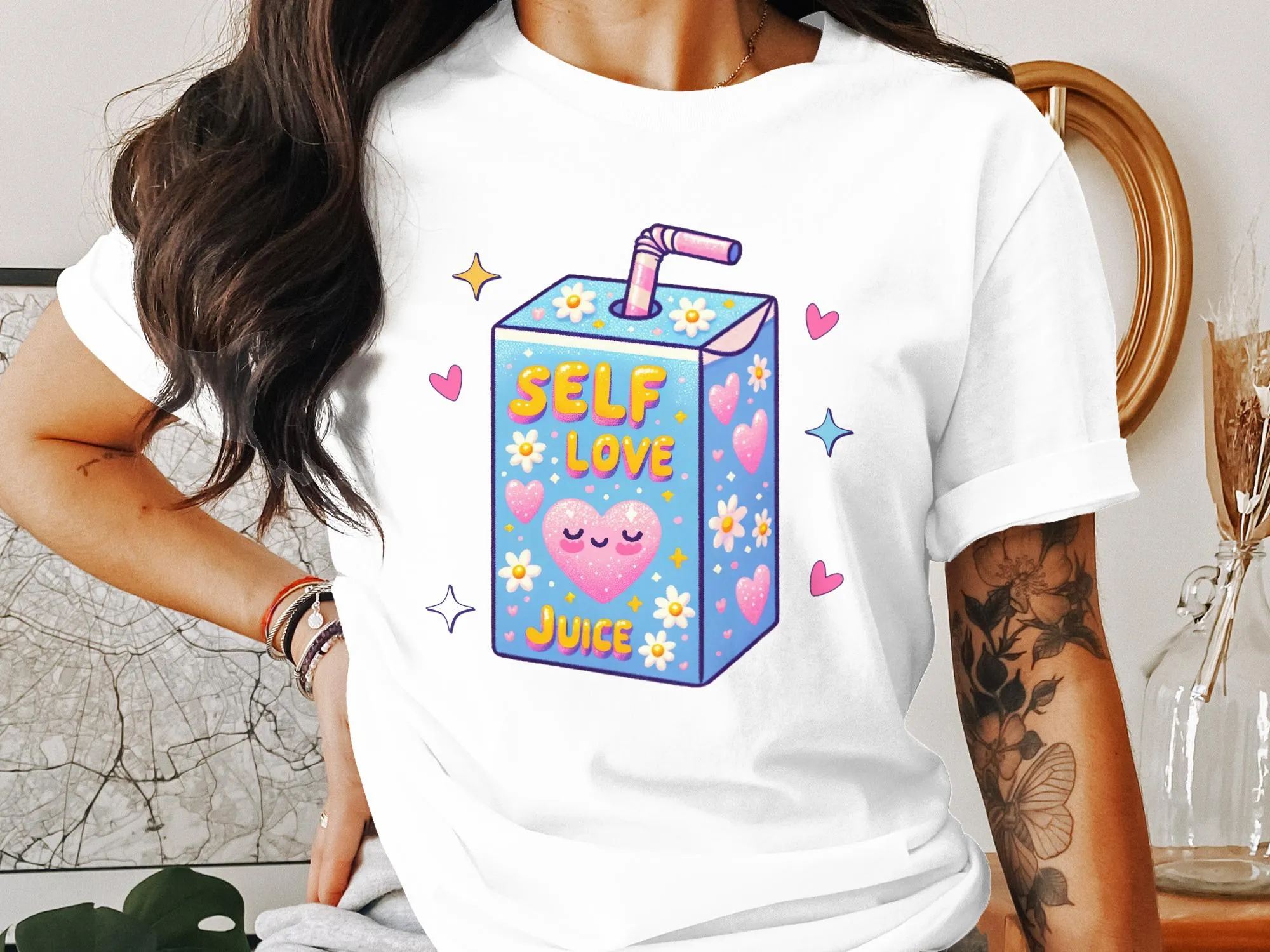 Cute Self Love Juice Cartoon T-Shirt, Kawaii Aesthetic Tee, Positive Vibes, Self Care Gift, Comfort Fit Apparel