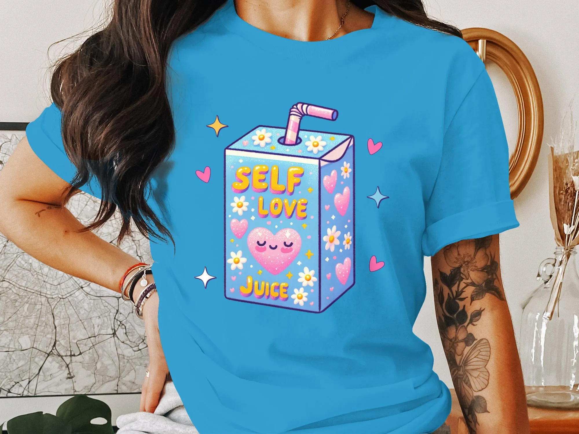Cute Self Love Juice Cartoon T-Shirt, Kawaii Aesthetic Tee, Positive Vibes, Self Care Gift, Comfort Fit Apparel
