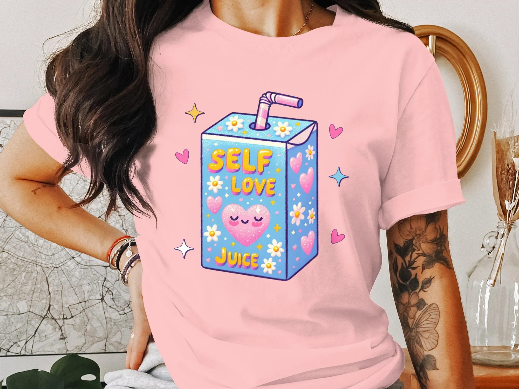 Cute Self Love Juice Cartoon T-Shirt, Kawaii Aesthetic Tee, Positive Vibes, Self Care Gift, Comfort Fit Apparel