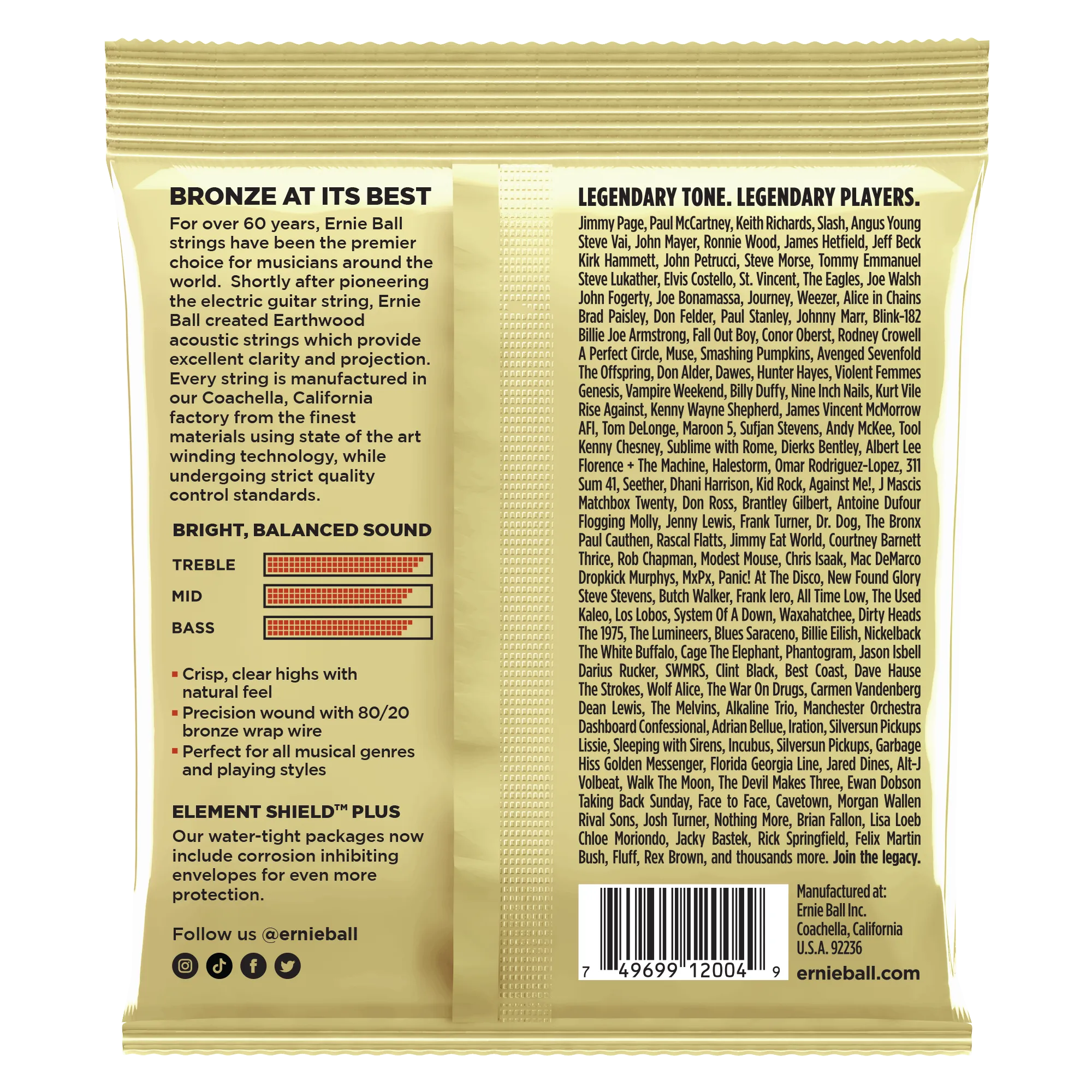 Ernie Ball 2004EB Earthwd 8020 Lght Earthwood Light Acoustic Guitar Strings 8020 Bronze