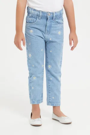 Girls Blue Flower Embroidered Jeggings