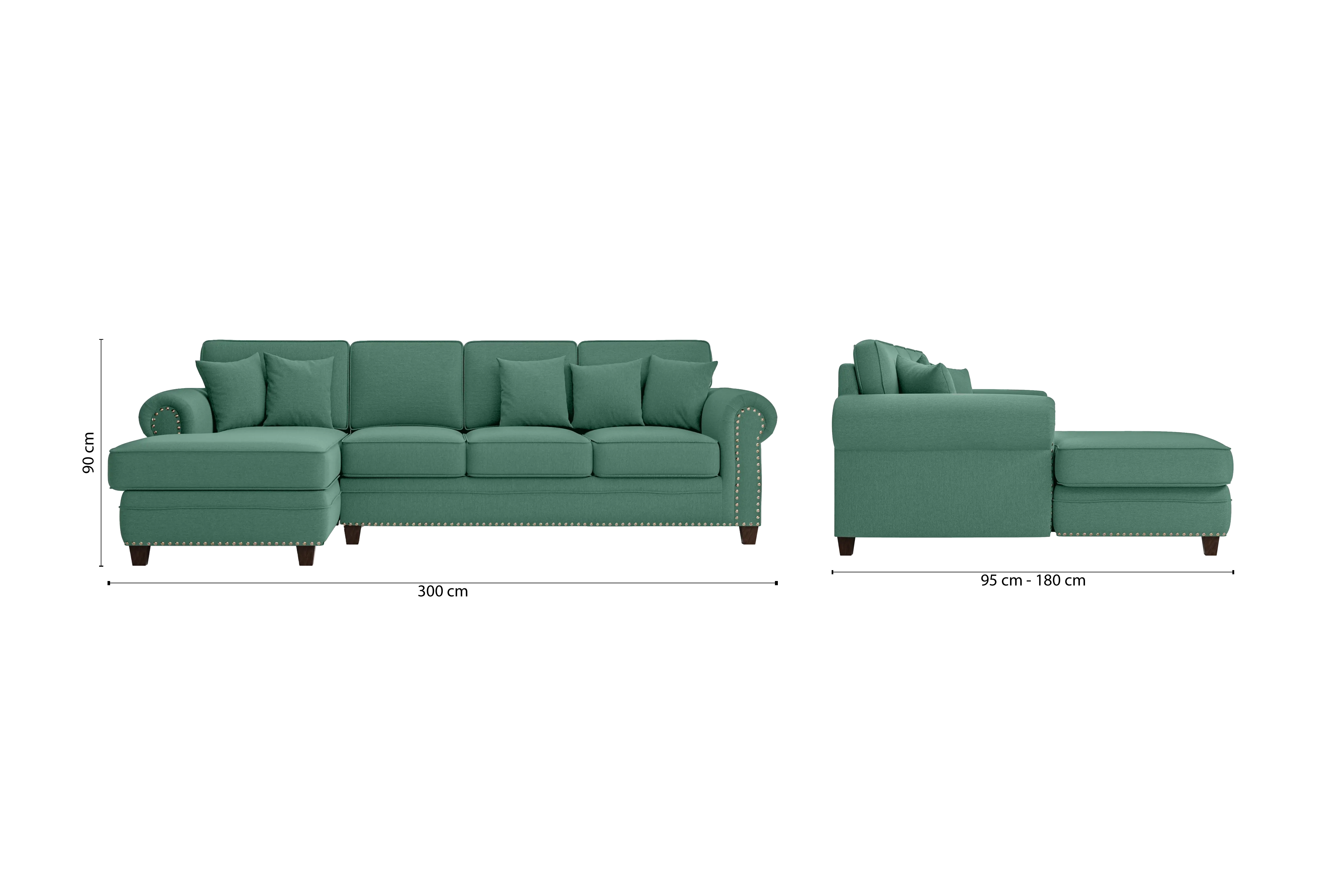 Marano 4 Seater Left Hand Facing Chaise Lounge Corner Sofa Mint Green Linen Fabric