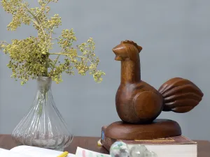 Playful Carved Wooden Rooster Figurine
