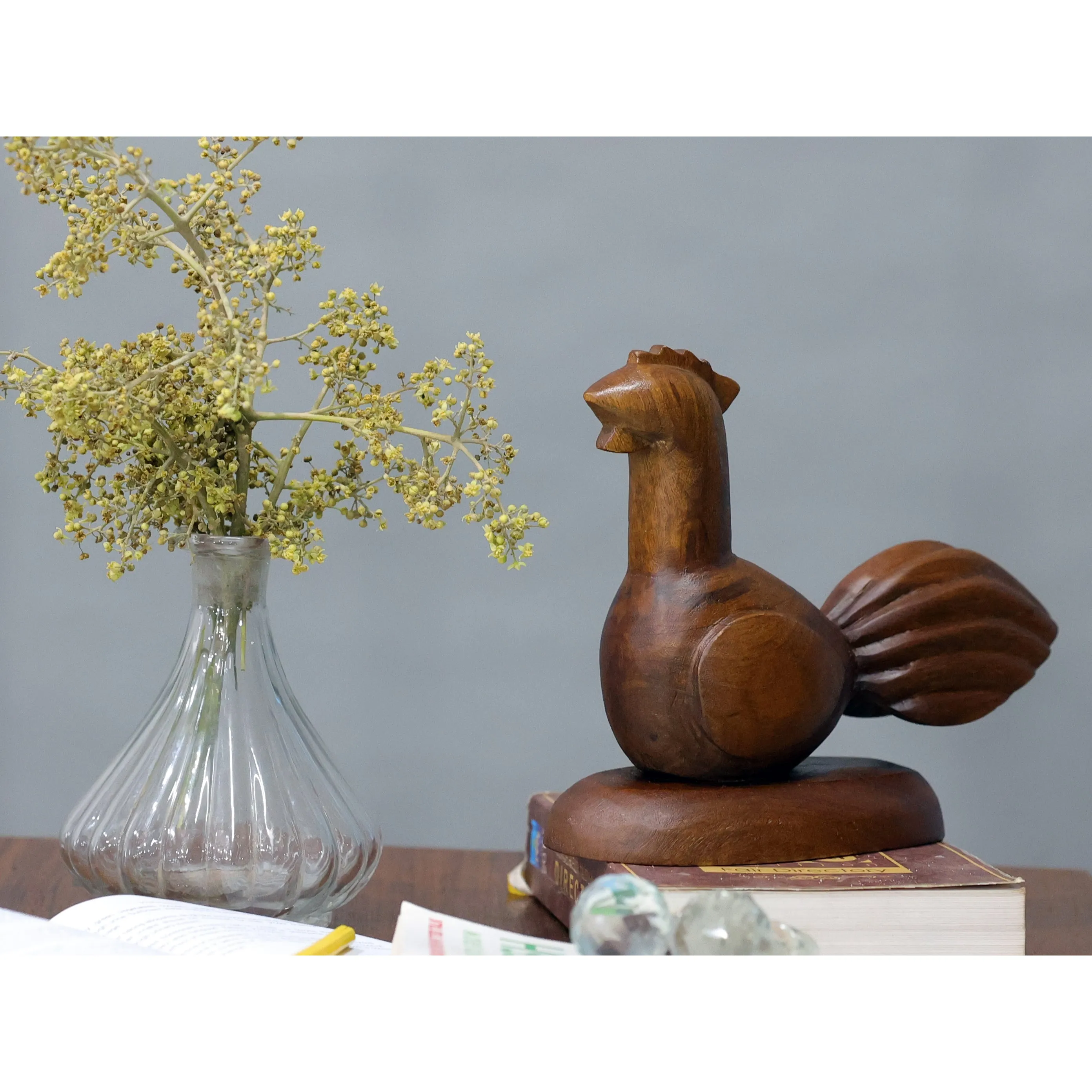 Playful Carved Wooden Rooster Figurine