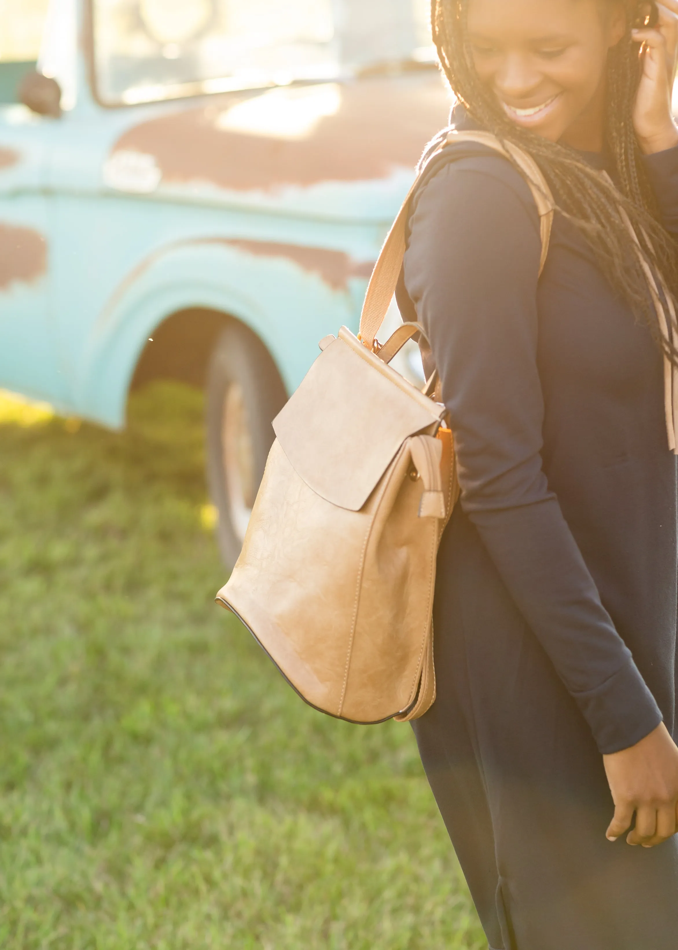 Smooth Taupe Faux Leather Backpack