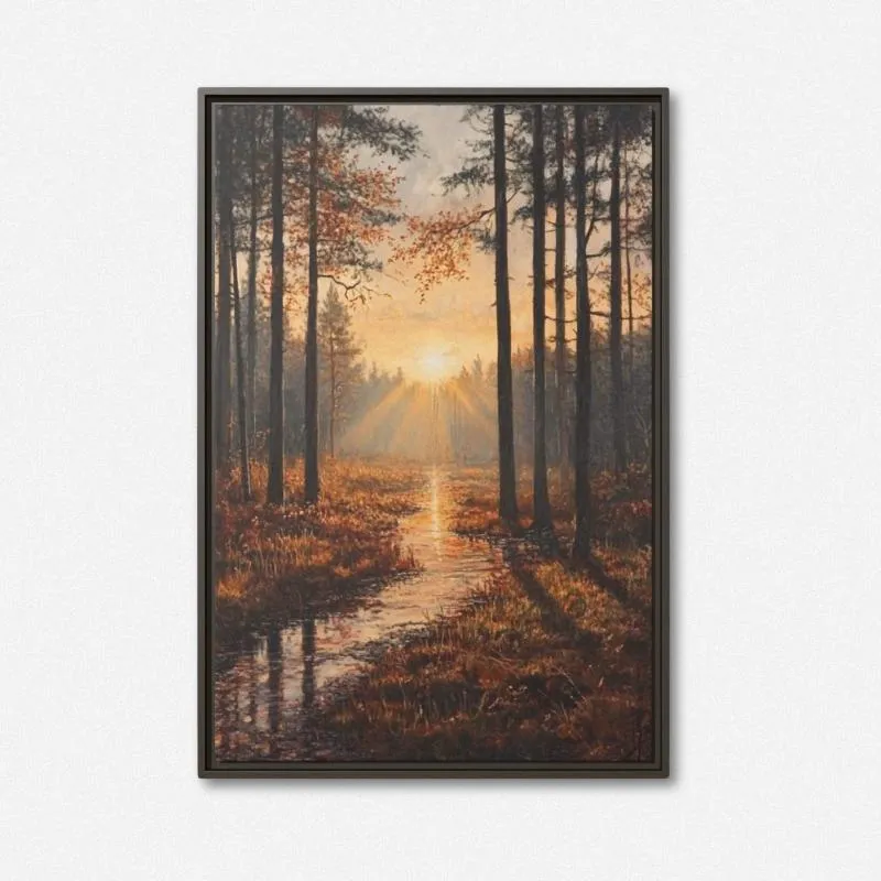 Sunlit Forest Stream Landscape Painting – Nature-Inspired Wall Art
