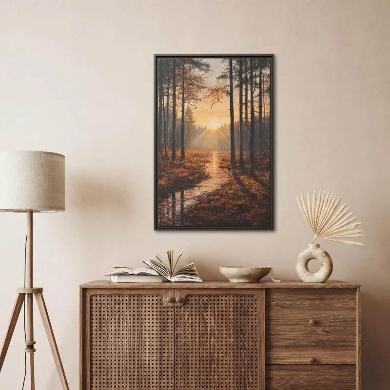 Sunlit Forest Stream Landscape Painting – Nature-Inspired Wall Art