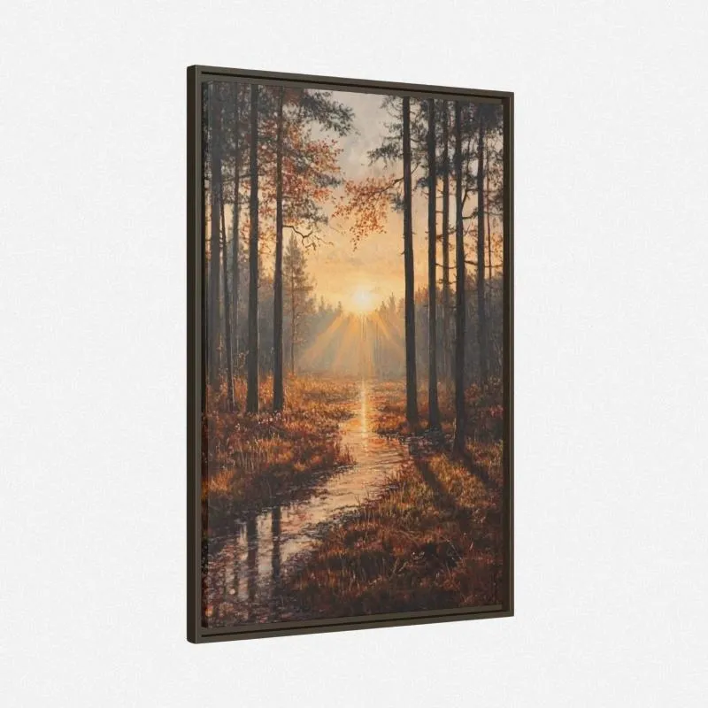 Sunlit Forest Stream Landscape Painting – Nature-Inspired Wall Art