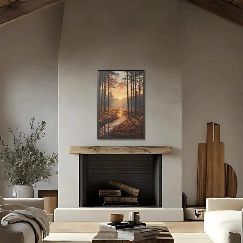 Sunlit Forest Stream Landscape Painting – Nature-Inspired Wall Art