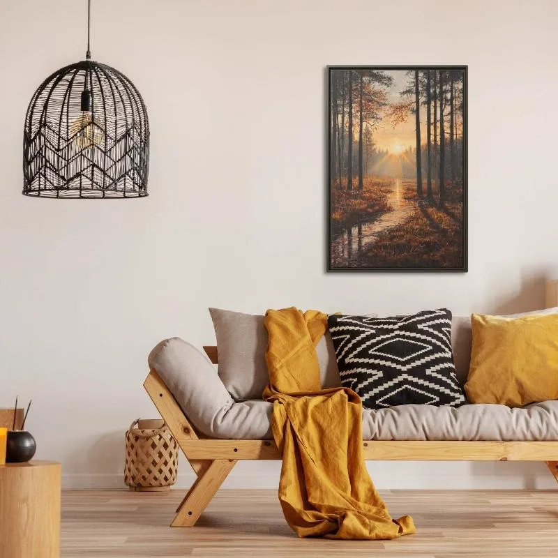 Sunlit Forest Stream Landscape Painting – Nature-Inspired Wall Art
