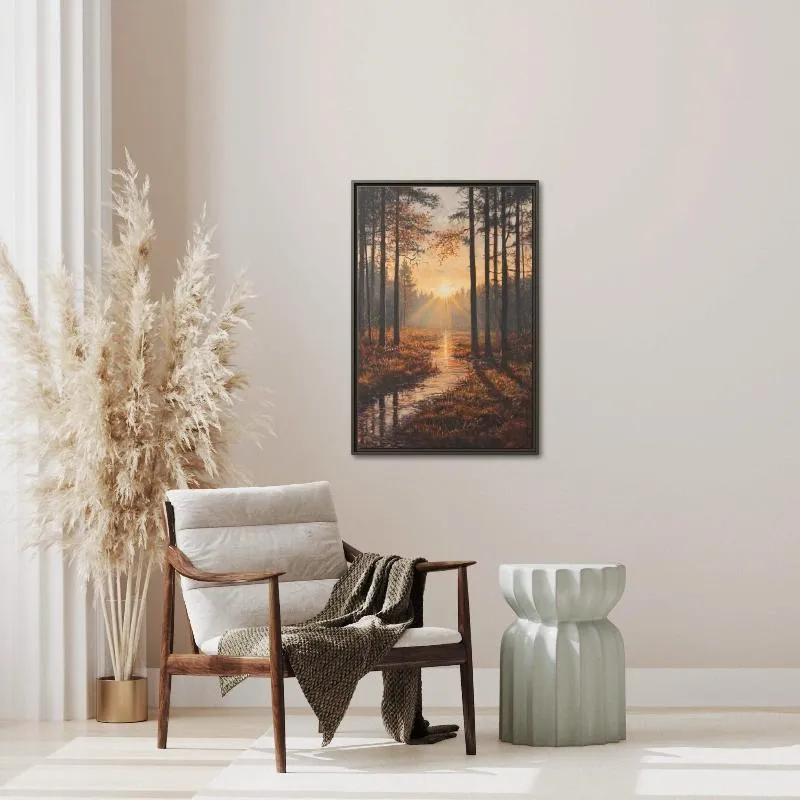 Sunlit Forest Stream Landscape Painting – Nature-Inspired Wall Art