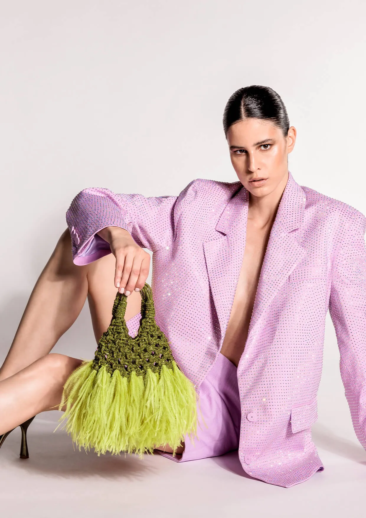 Vannifique Mini Plumed Crystal-Studded Woven Handbag